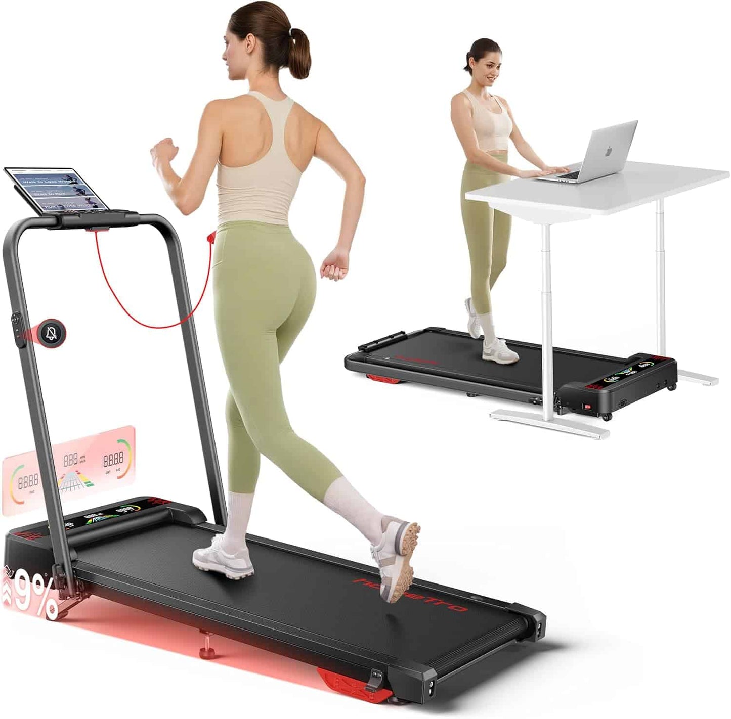 Woman using a treadmill with a desk attachment on a white background