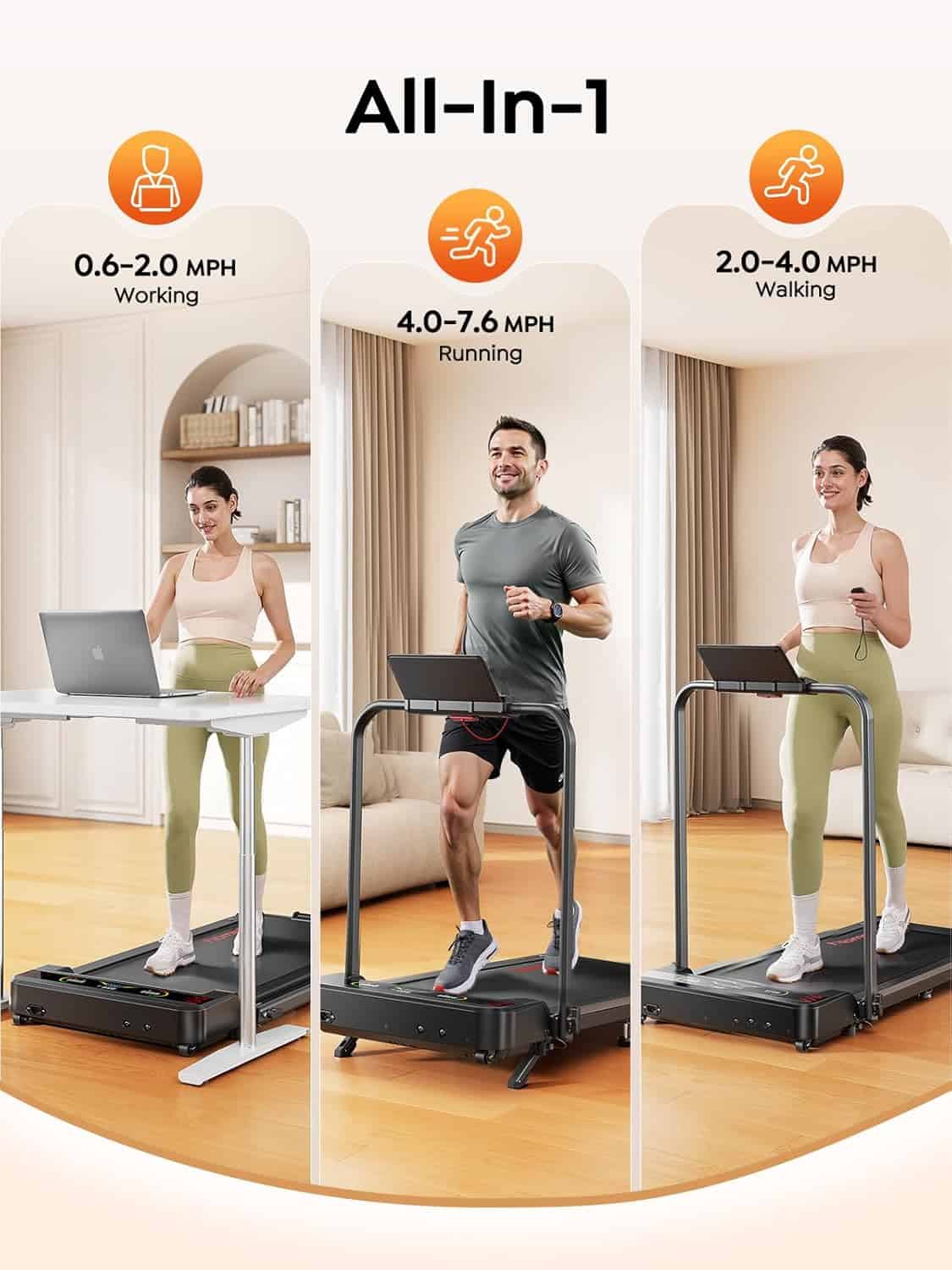 Portable treadmill with three speed settings shown in a home setting.