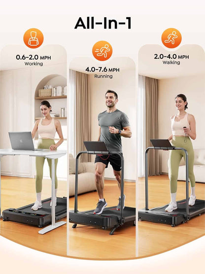 Portable treadmill with three speed settings shown in a home setting.
