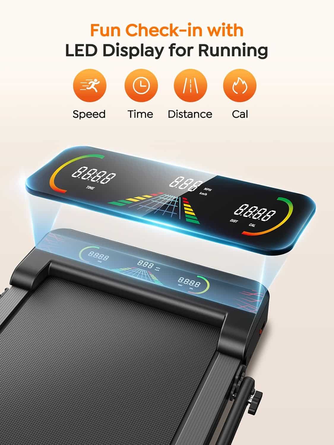 Treadmill with LED display showing running stats on a beige background