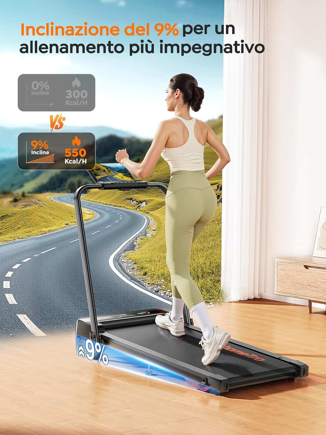 Woman using a treadmill with an incline of 9% in a home setting, with a scenic road outside.