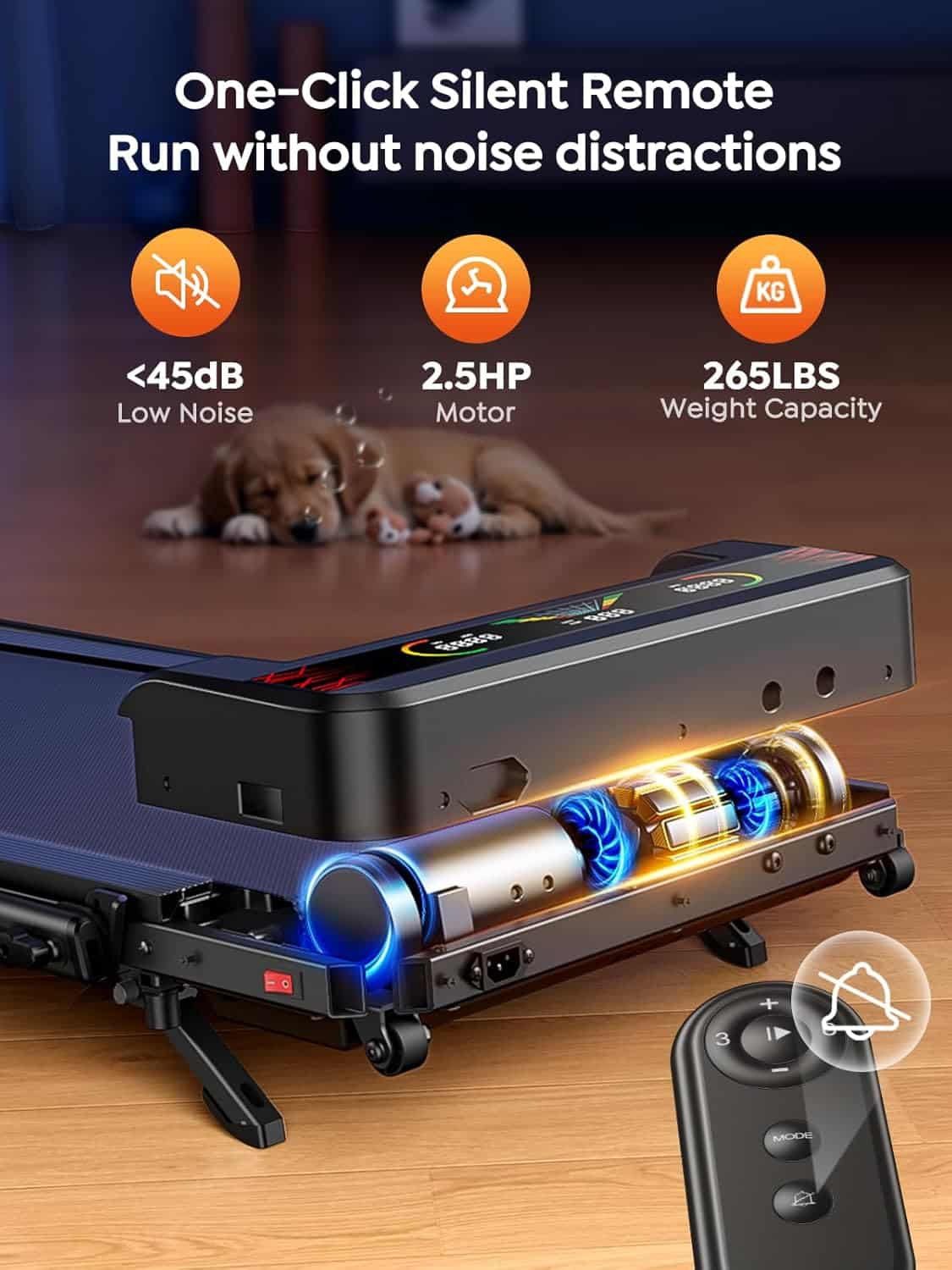 Dog exercise platform with remote control and specifications on a wooden floor.