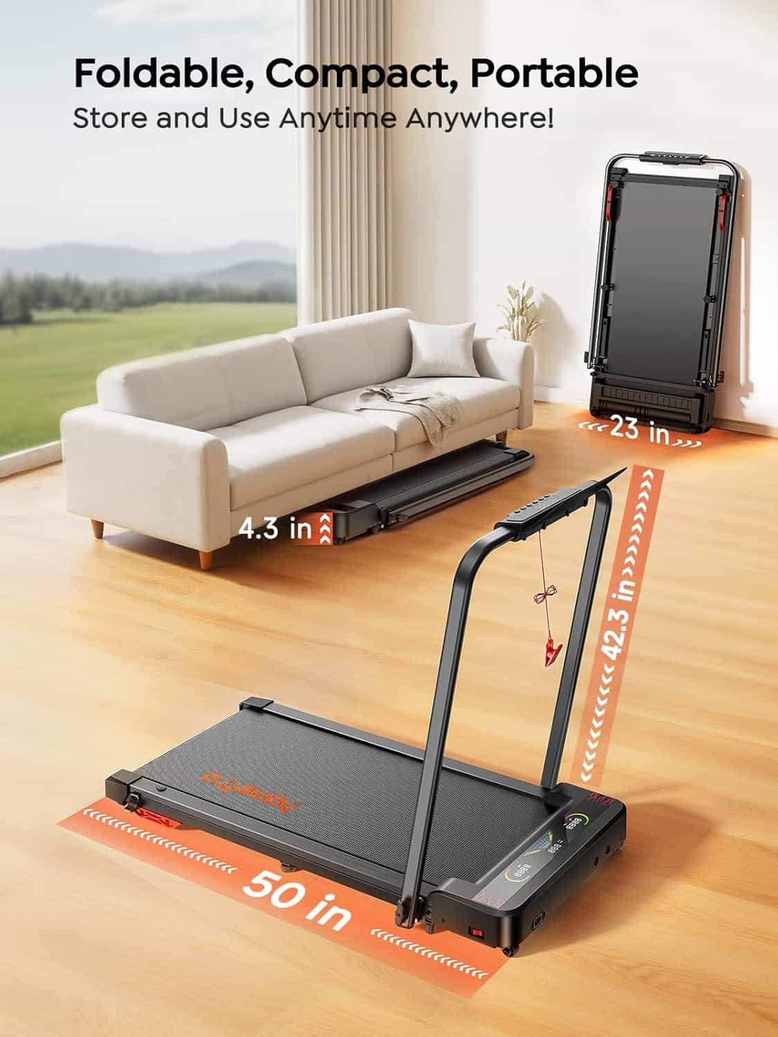 Foldable, compact treadmill shown in a living room setting with dimensions displayed.