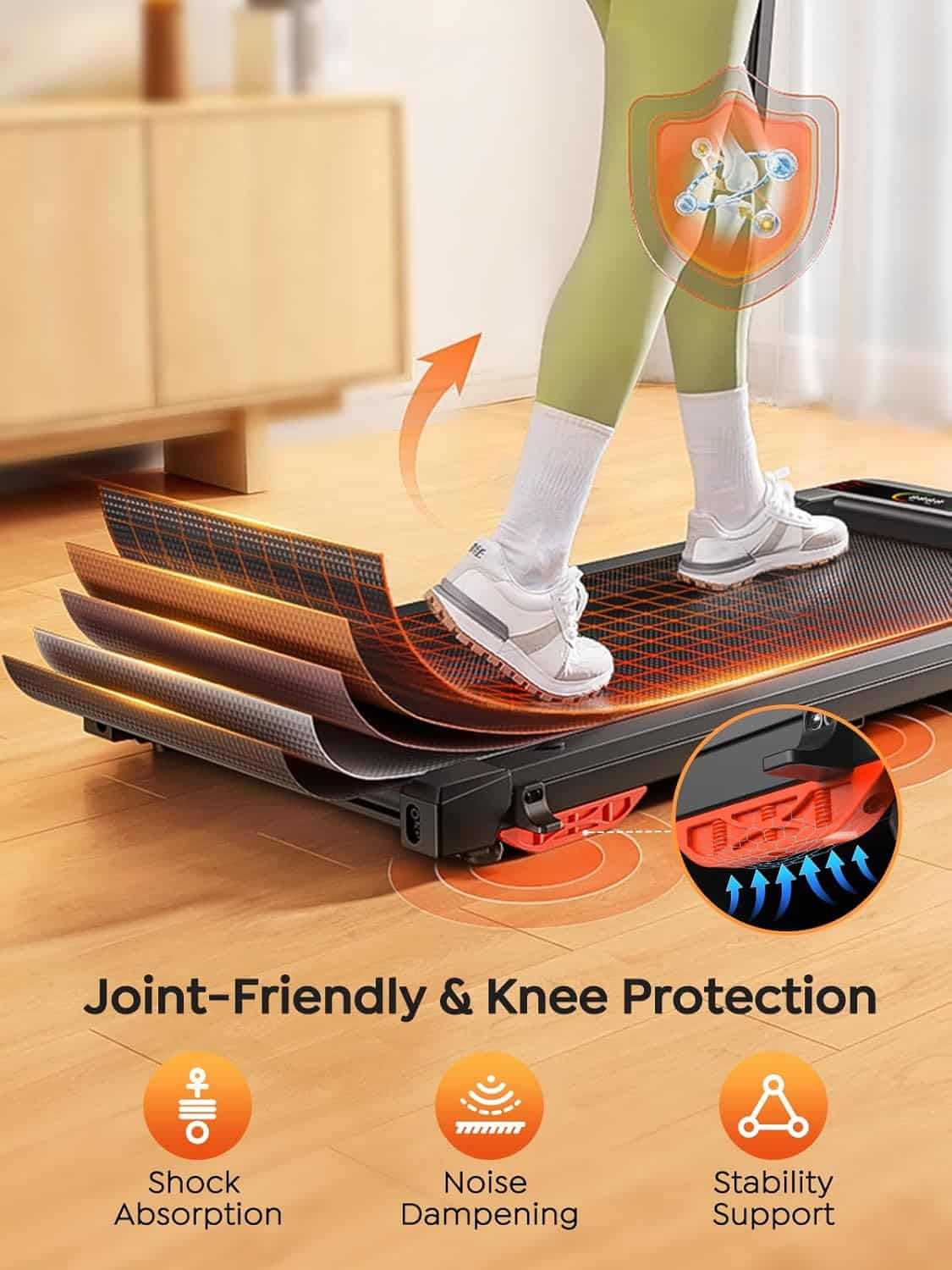 Step platform with text highlighting joint-friendly features on a wooden floor.