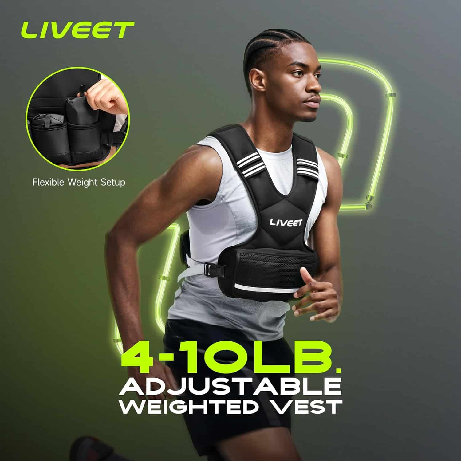 Person wearing a LIVEET adjustable weighted vest with text on a dark background