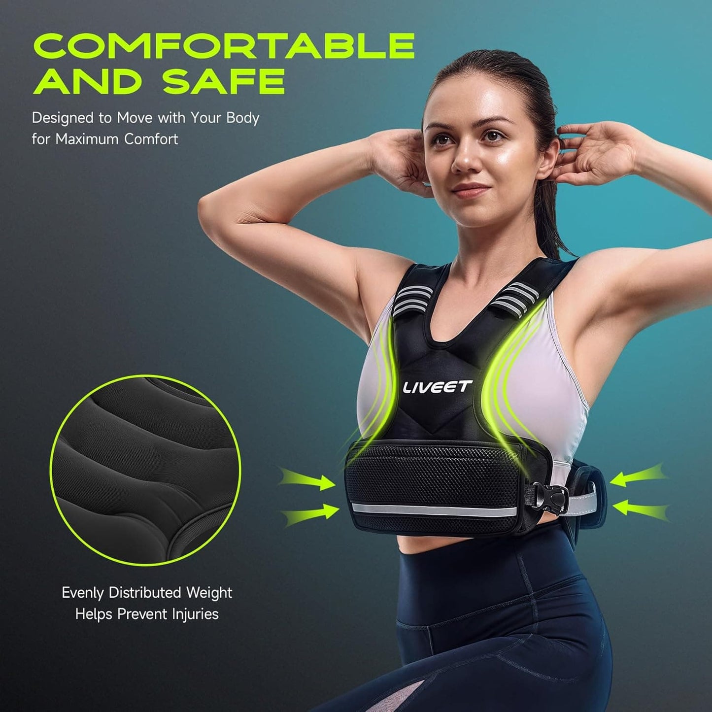 Woman wearing a LIVEET weight vest with text about comfort and safety on a dark background