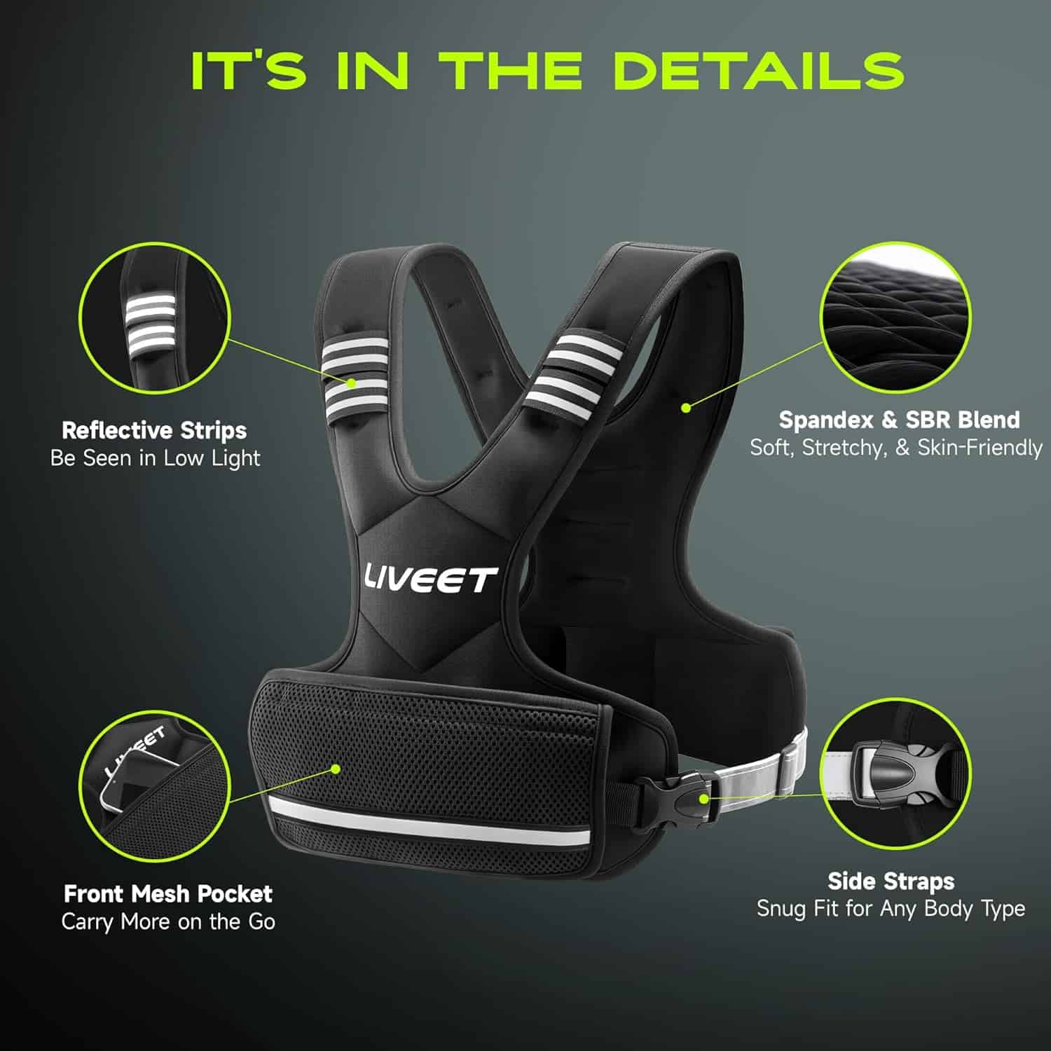 Black harness with features highlighted on a dark background