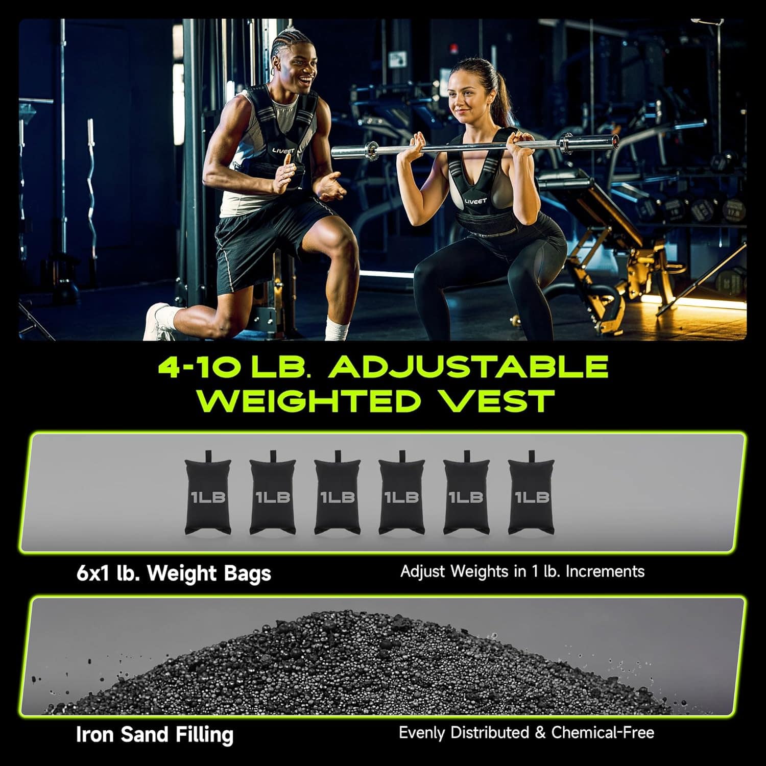 Two people using adjustable weighted vests in a gym setting with product details displayed.