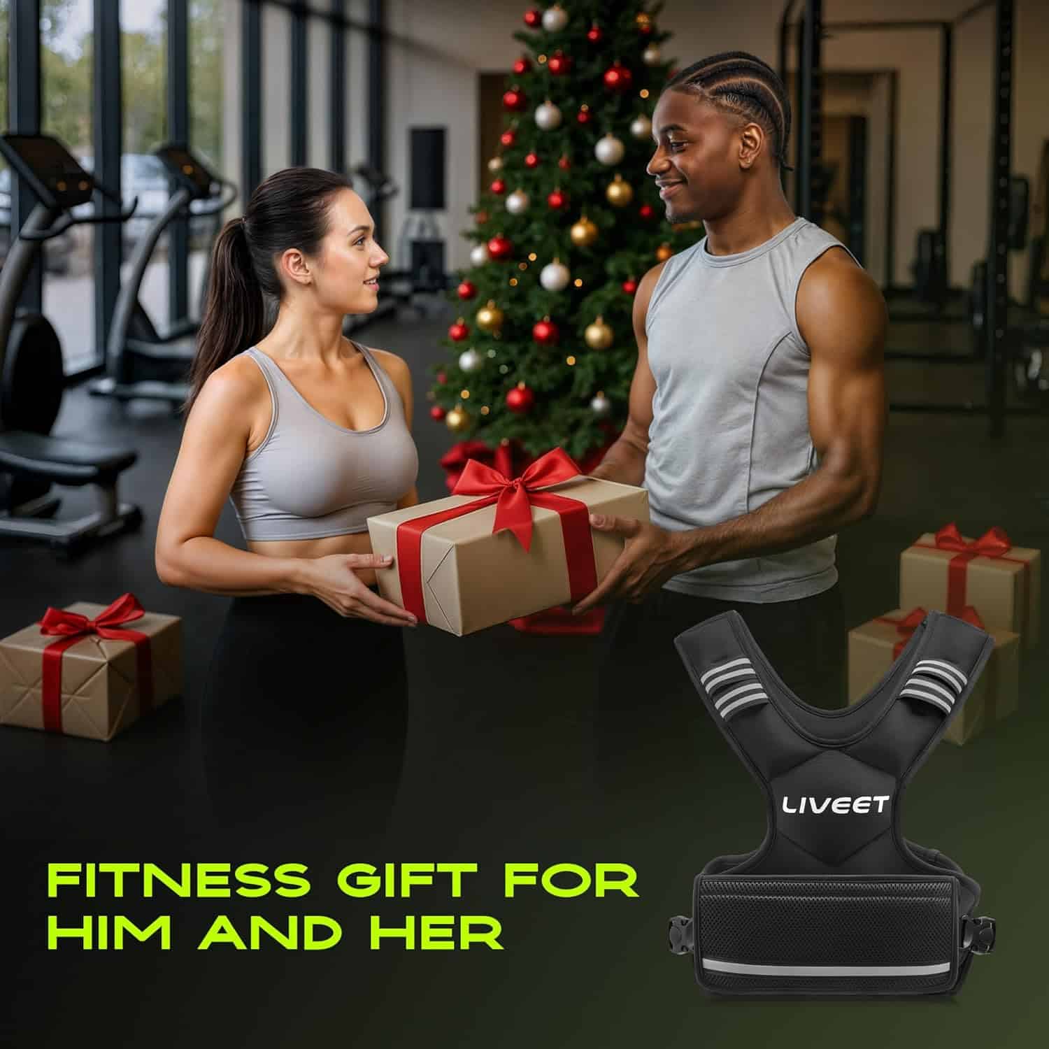 Two people exchanging a gift in a gym with Christmas decorations, featuring a LIVEET fitness vest.