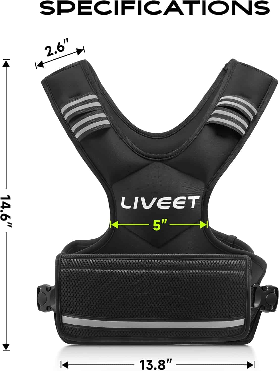 Black vest with 'LIVEET' branding and measurements on a white background