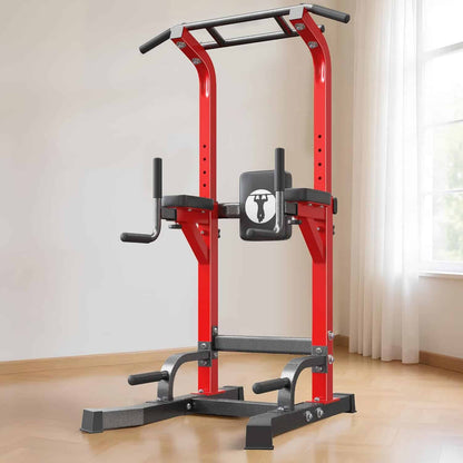 Red and black pull-up bar and weight rack in a room with a window.
