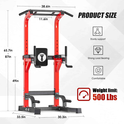Red pull-up bar with dimensions and features on a white background