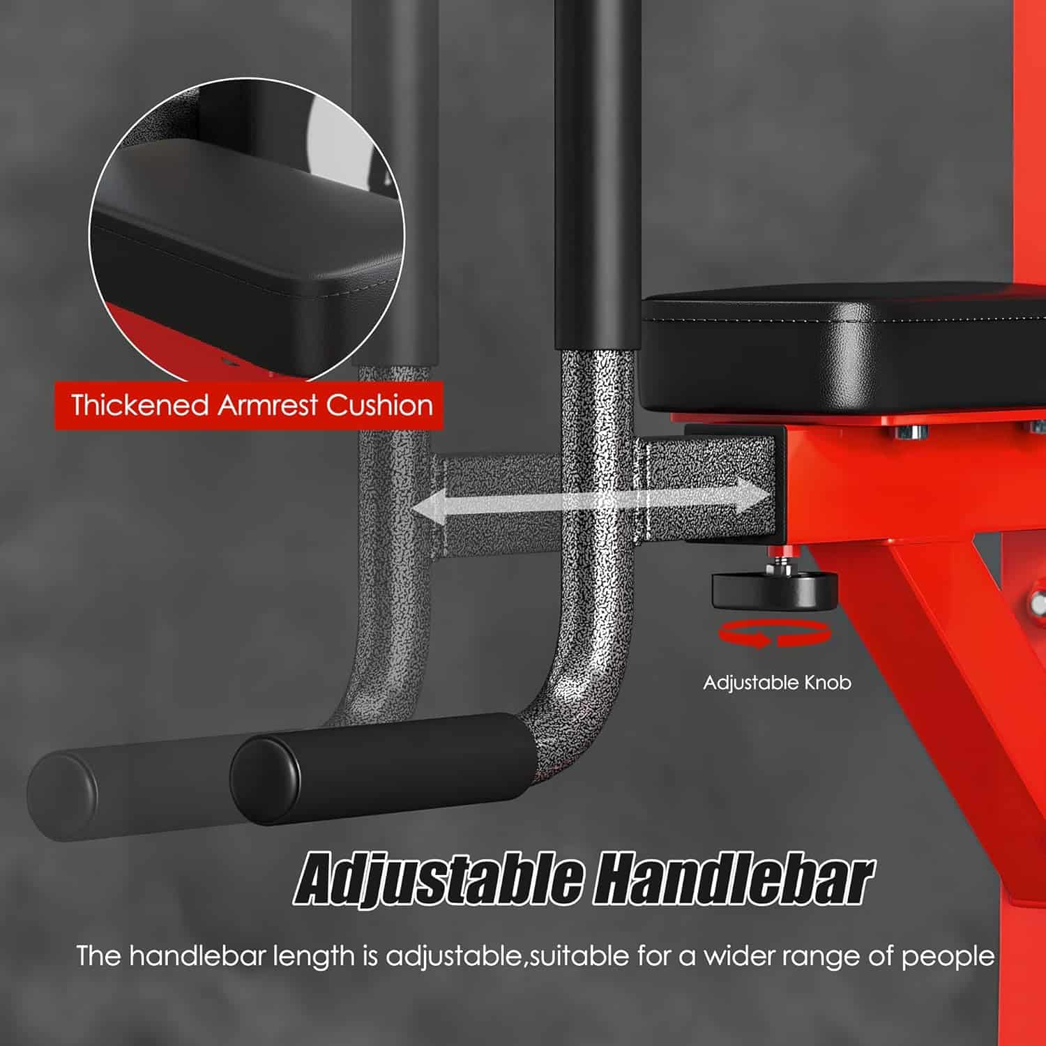 Gym bench with adjustable handlebar and thickened armrest cushion on a gray background