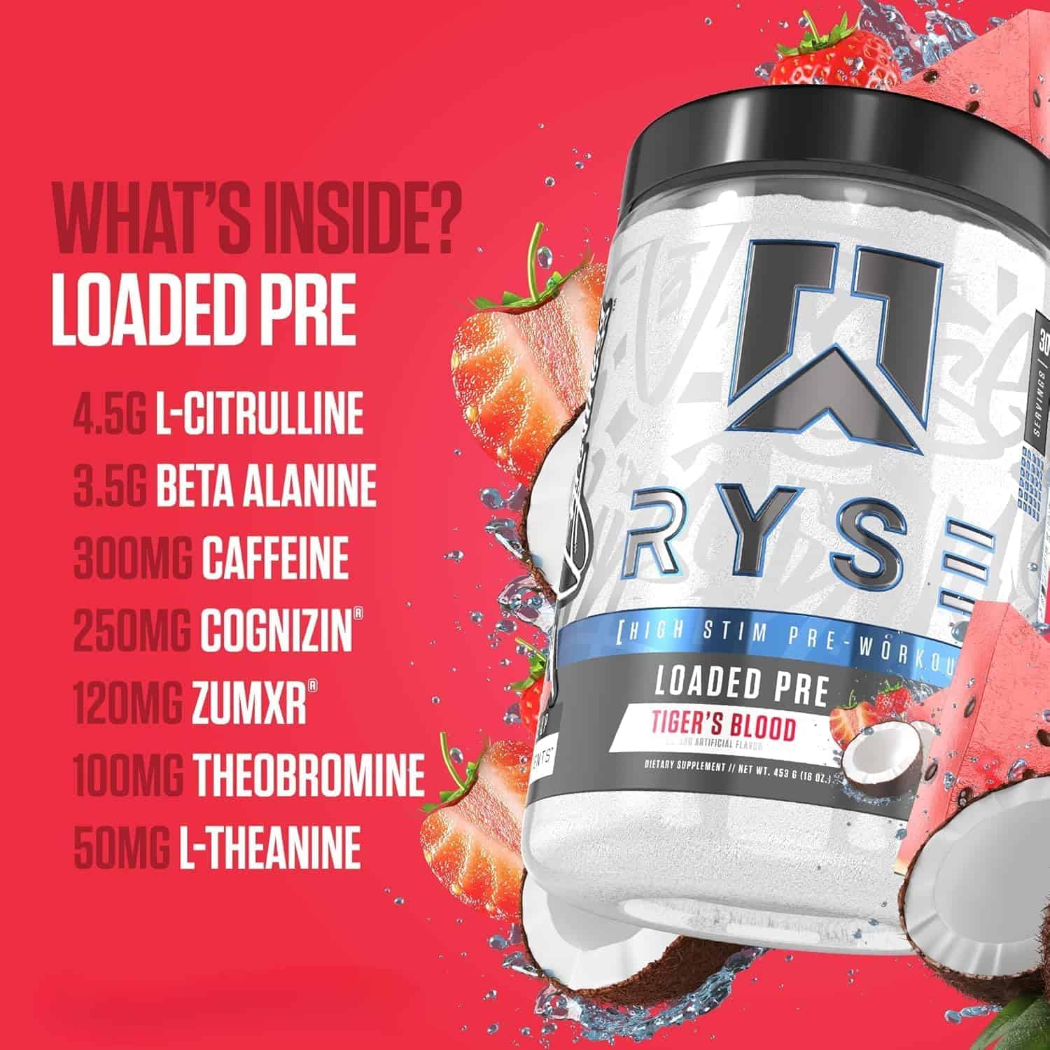 Pre-workout supplement container with ingredients listed on a red background