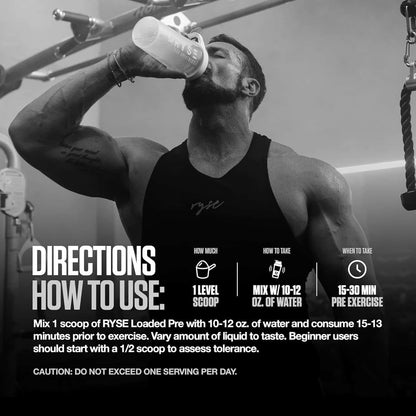 Person drinking from a supplement bottle with RYSE branding, surrounded by gym equipment.