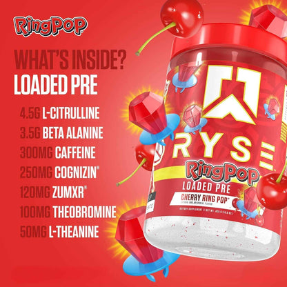 RingPop RYSE Loaded Pre supplement container with cherry flavor on a red background