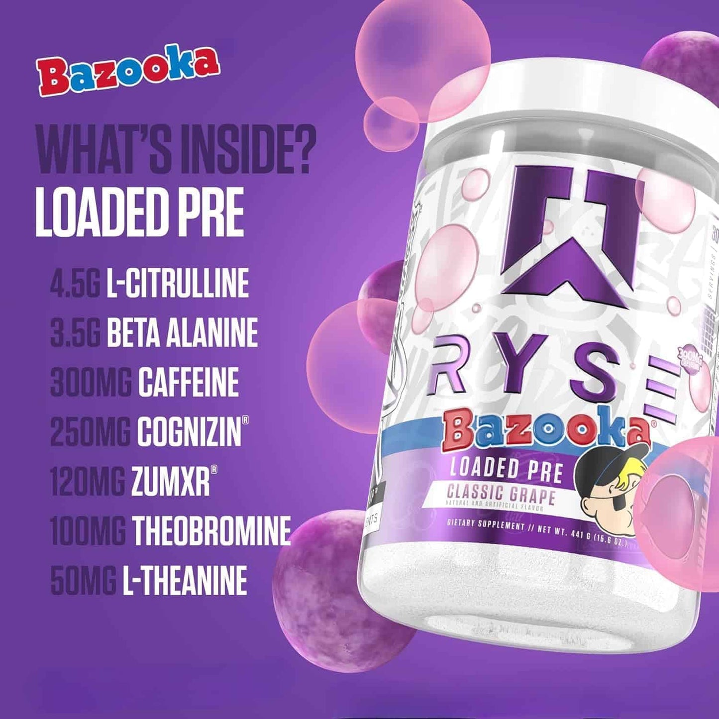 Bazooka Loaded Pre supplement container with ingredient list on a purple background