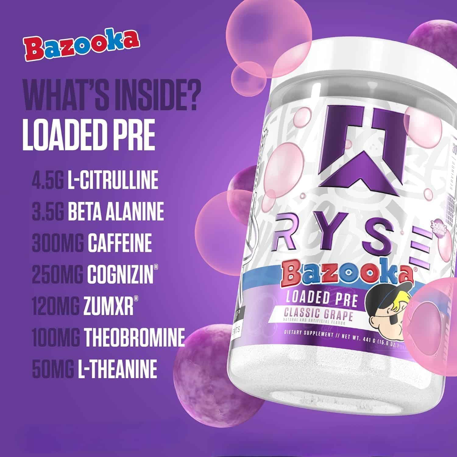 Bazooka Loaded Pre supplement container with ingredient list on a purple background