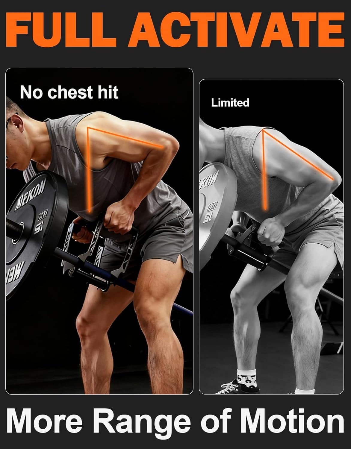 Two images showing a person using a weight machine with text about 'No chest hit' and 'More Range of Motion'.