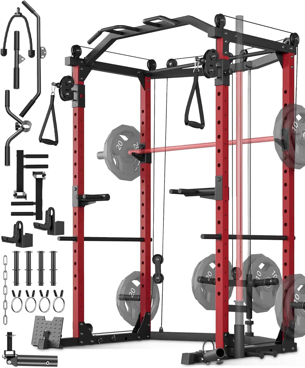 Red and black weightlifting power rack with attachments on a white background