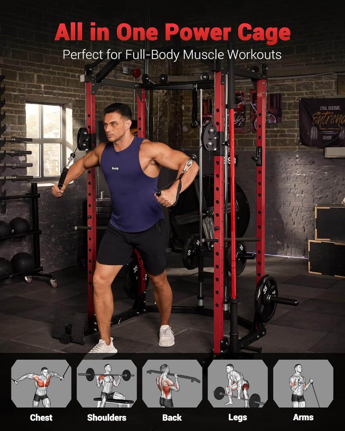 Man posing in front of a power cage with text 'All in One Power Cage' and 'Perfect for Full-Body Muscle Workouts'.