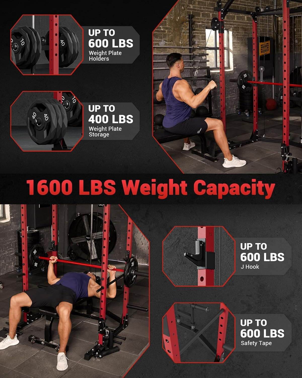 Gym weight rack with weight plates and safety equipment, highlighting capacity and features.