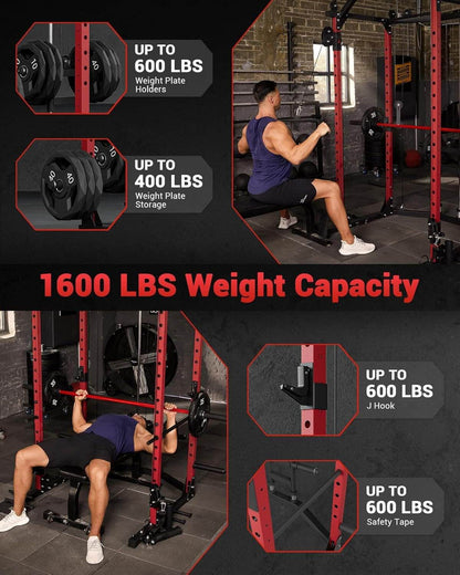 Gym weight rack with weight plates and safety equipment, highlighting capacity and features.