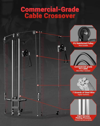 Commercial-grade cable crossover with features highlighted on a dark background