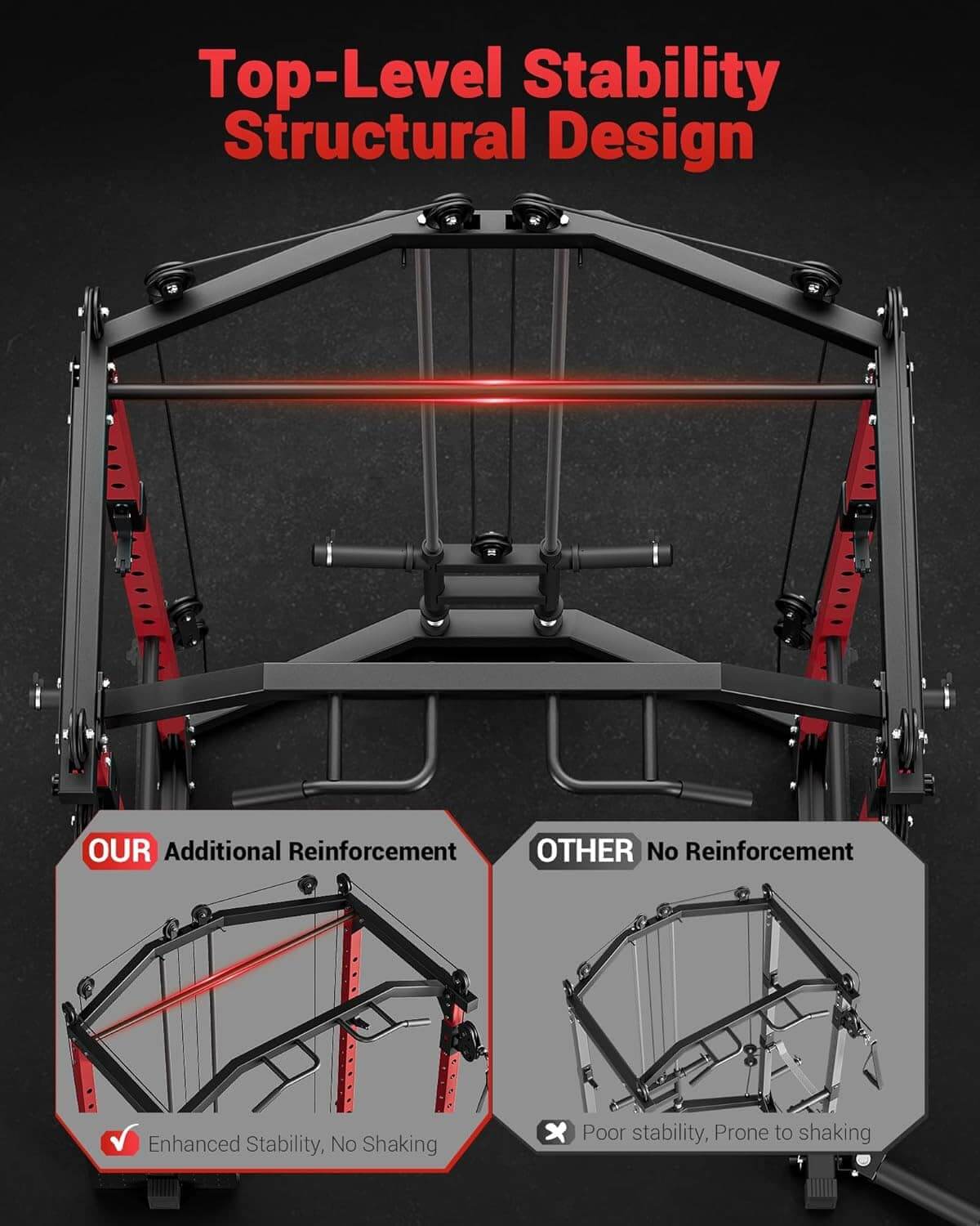 Gym machine with structural design highlighting stability and reinforcement options.