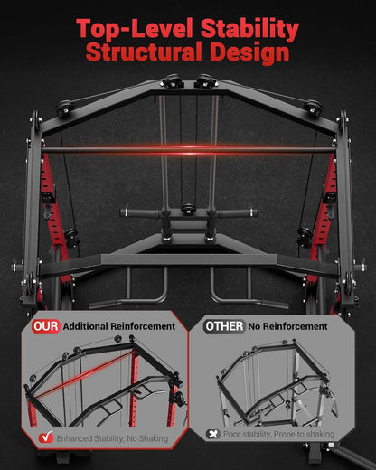 Gym machine with structural design highlighting stability and reinforcement options.