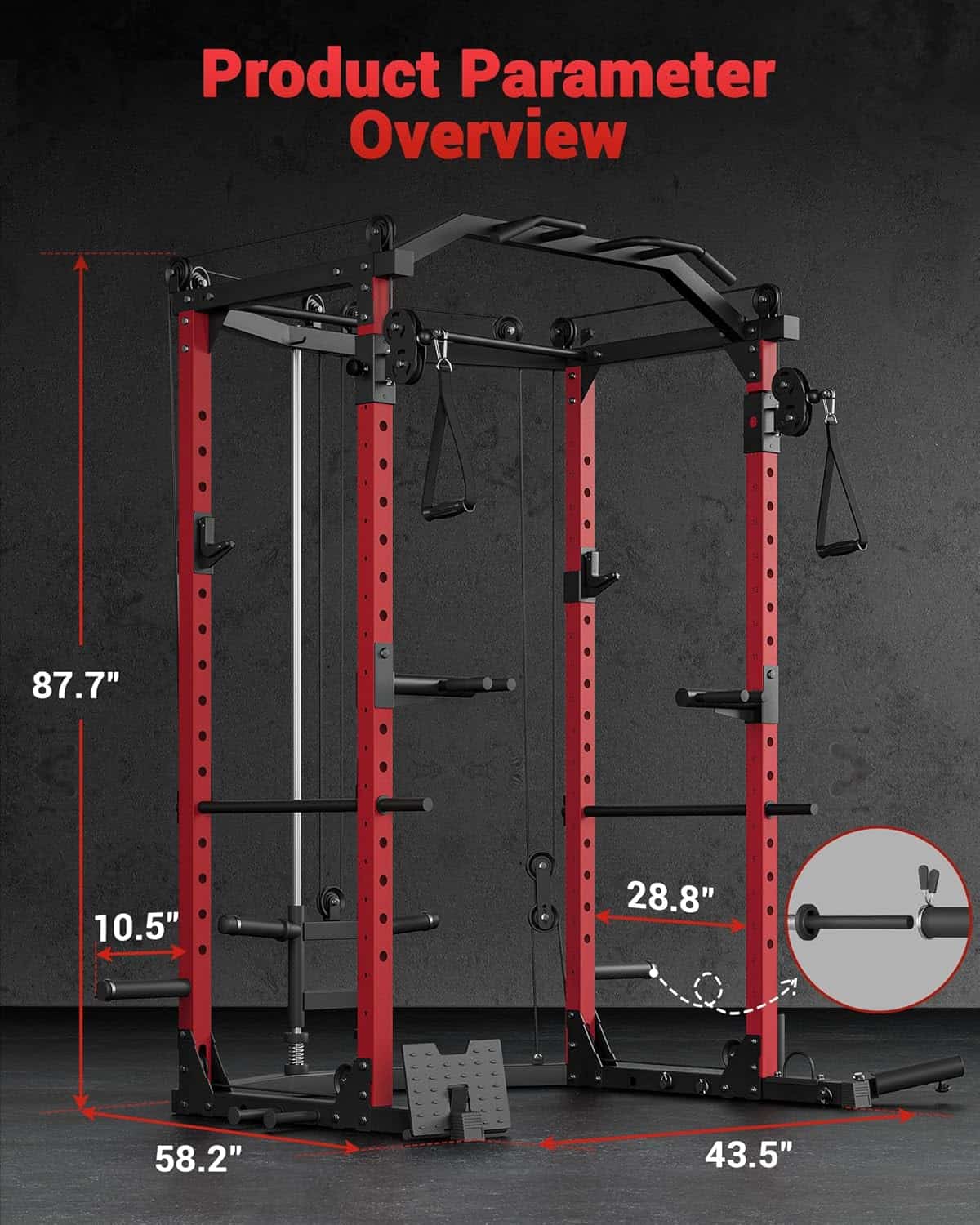 Red and black power rack with measurement details on a dark background