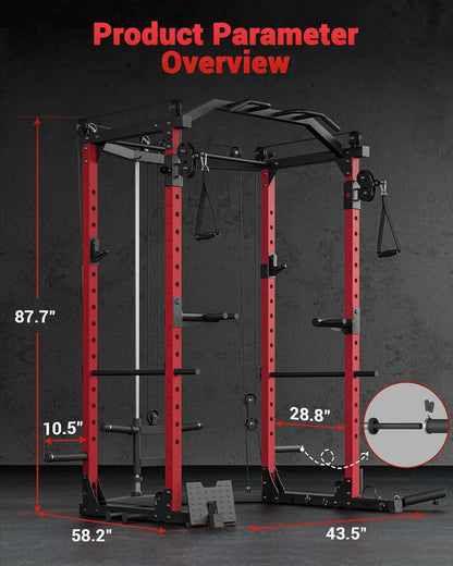 Red and black power rack with measurement details on a dark background