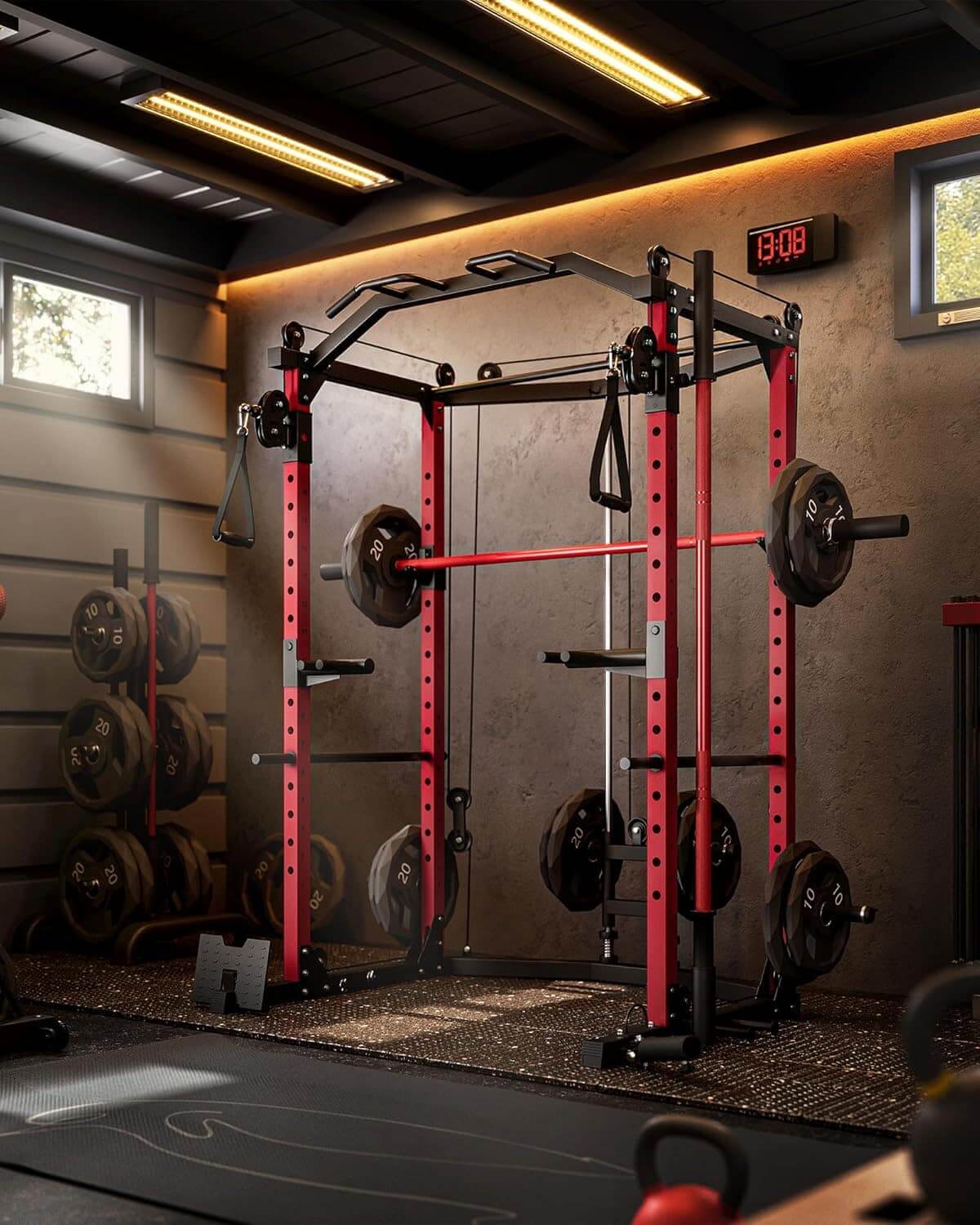 Red and black squat rack in a home gym setting with weights and flooring.
