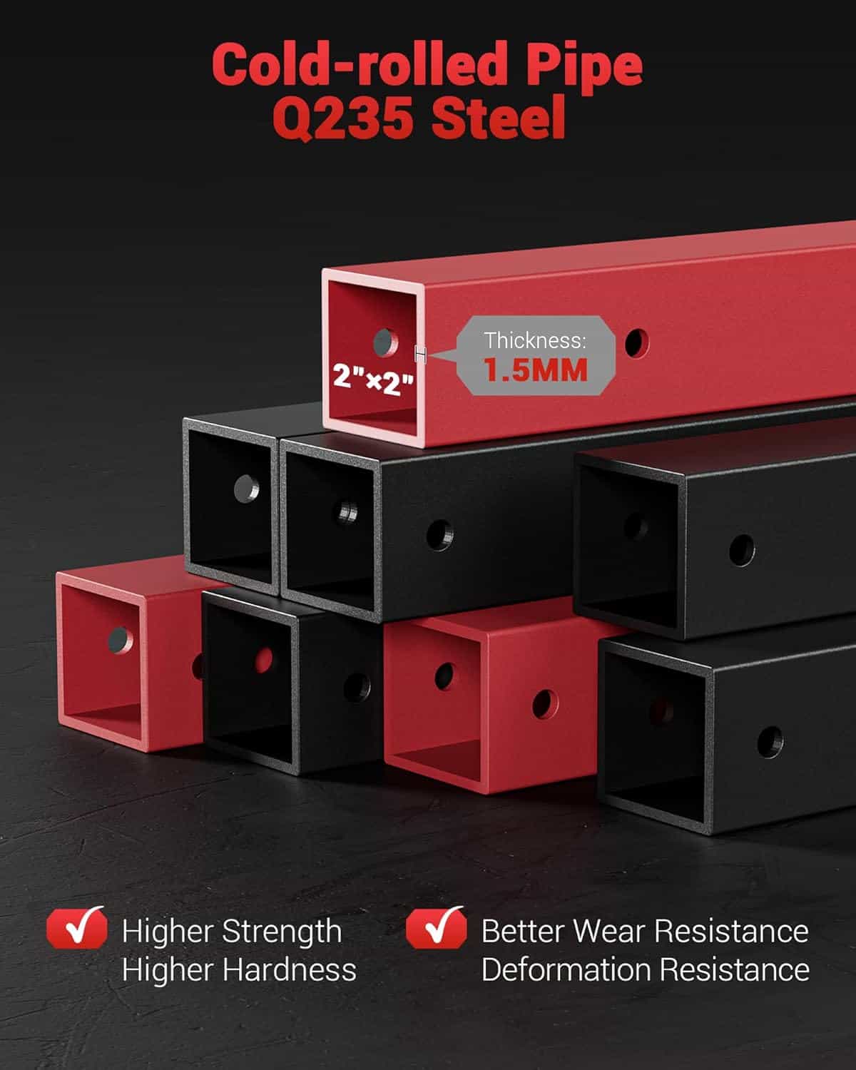 Cold-rolled pipe Q235 Steel with red and black colors on a dark background
