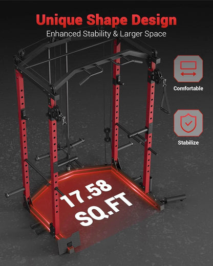 Red gym power rack with text on a dark background