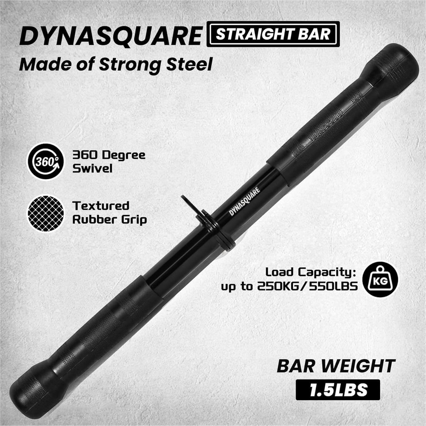 DYNASQUARE straight bar with text highlighting features on a gray background