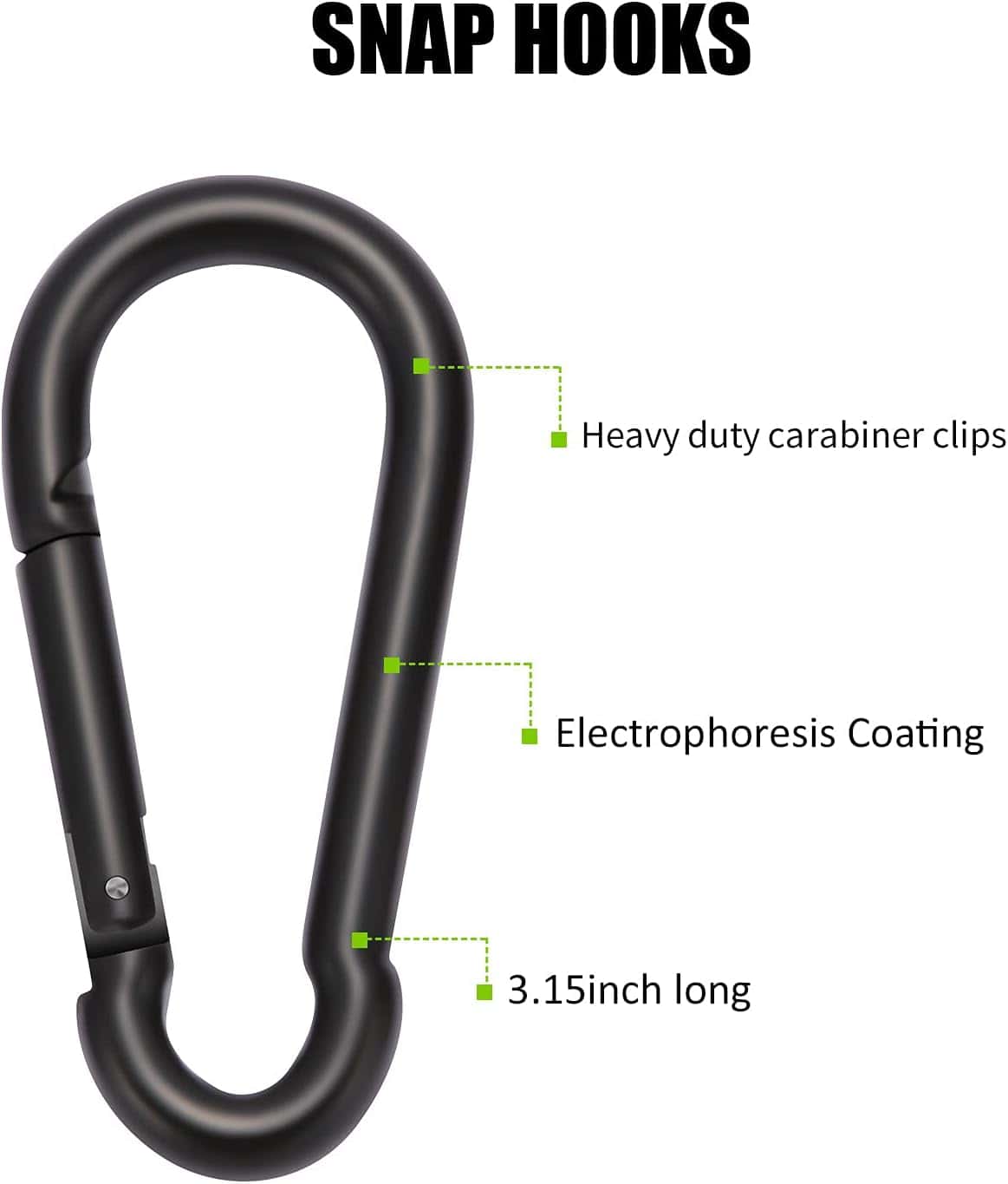 Black snap hook with features labeled on a white background