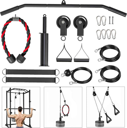 Collection of fitness equipment including resistance bands, pulleys, and pull-up bars on a white background.