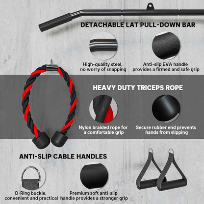 Gym equipment with detachable lat pull-down bar, heavy-duty triceps rope, and anti-slip cable handles on a gray background.