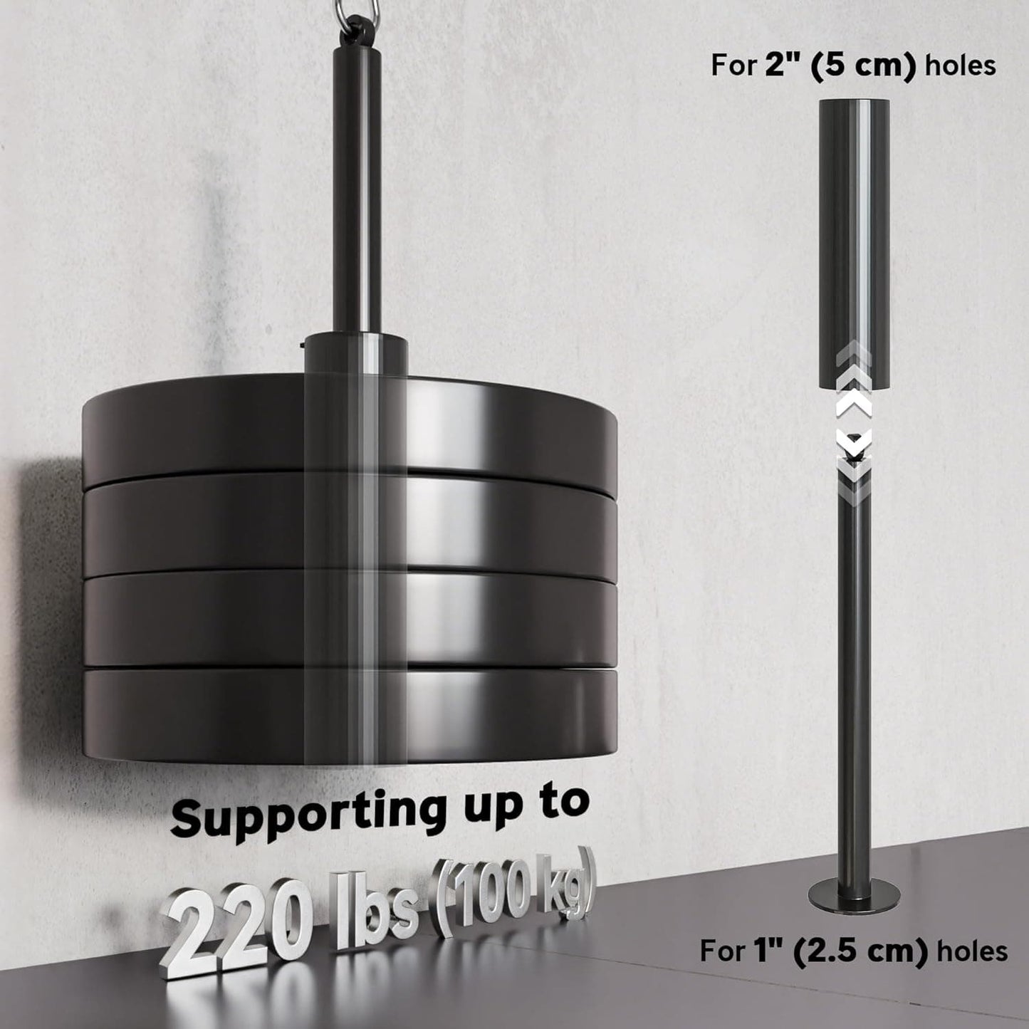 Black metal hanging weight system with text indicating weight capacity and hole sizes.