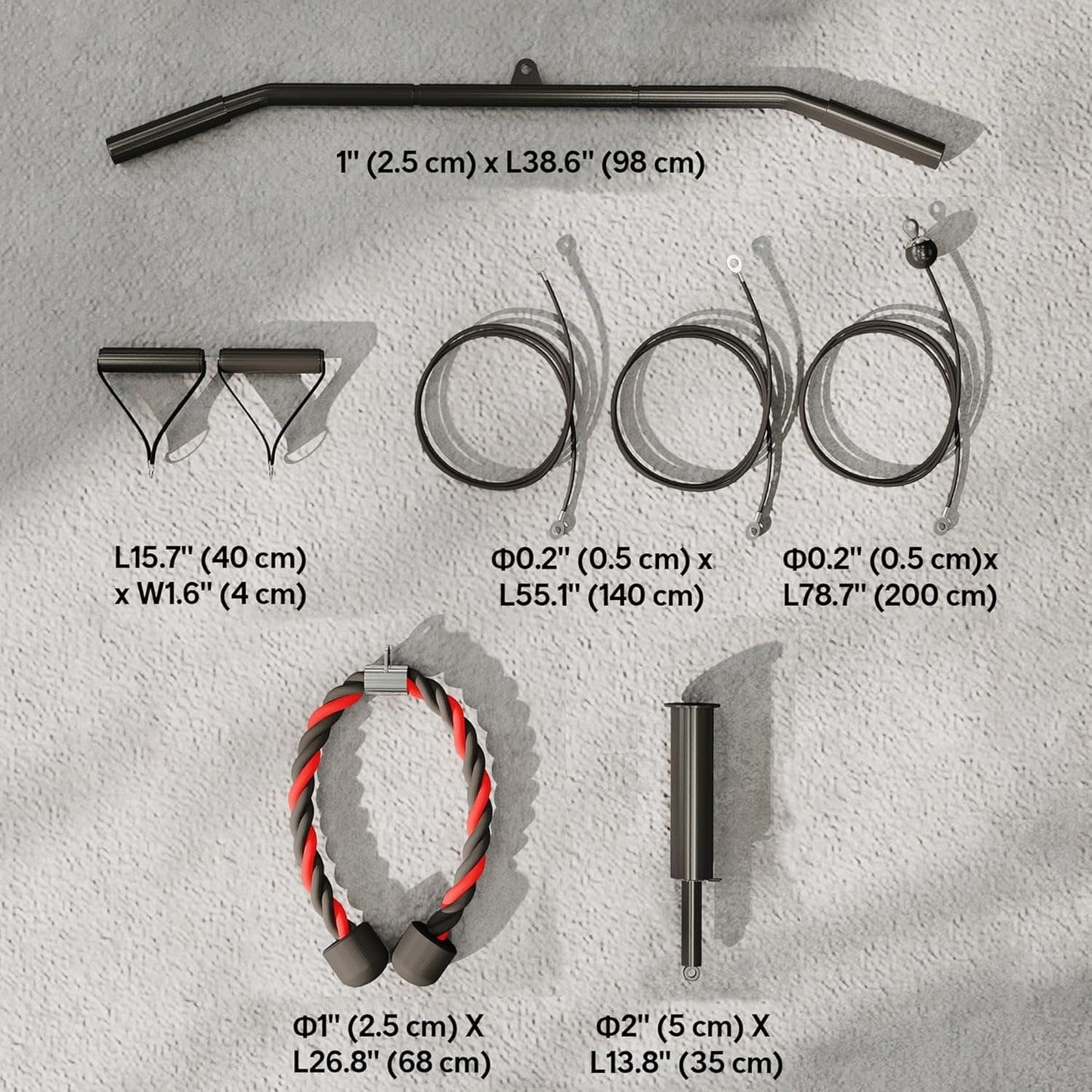 Set of garden tools with measurements on a textured gray background