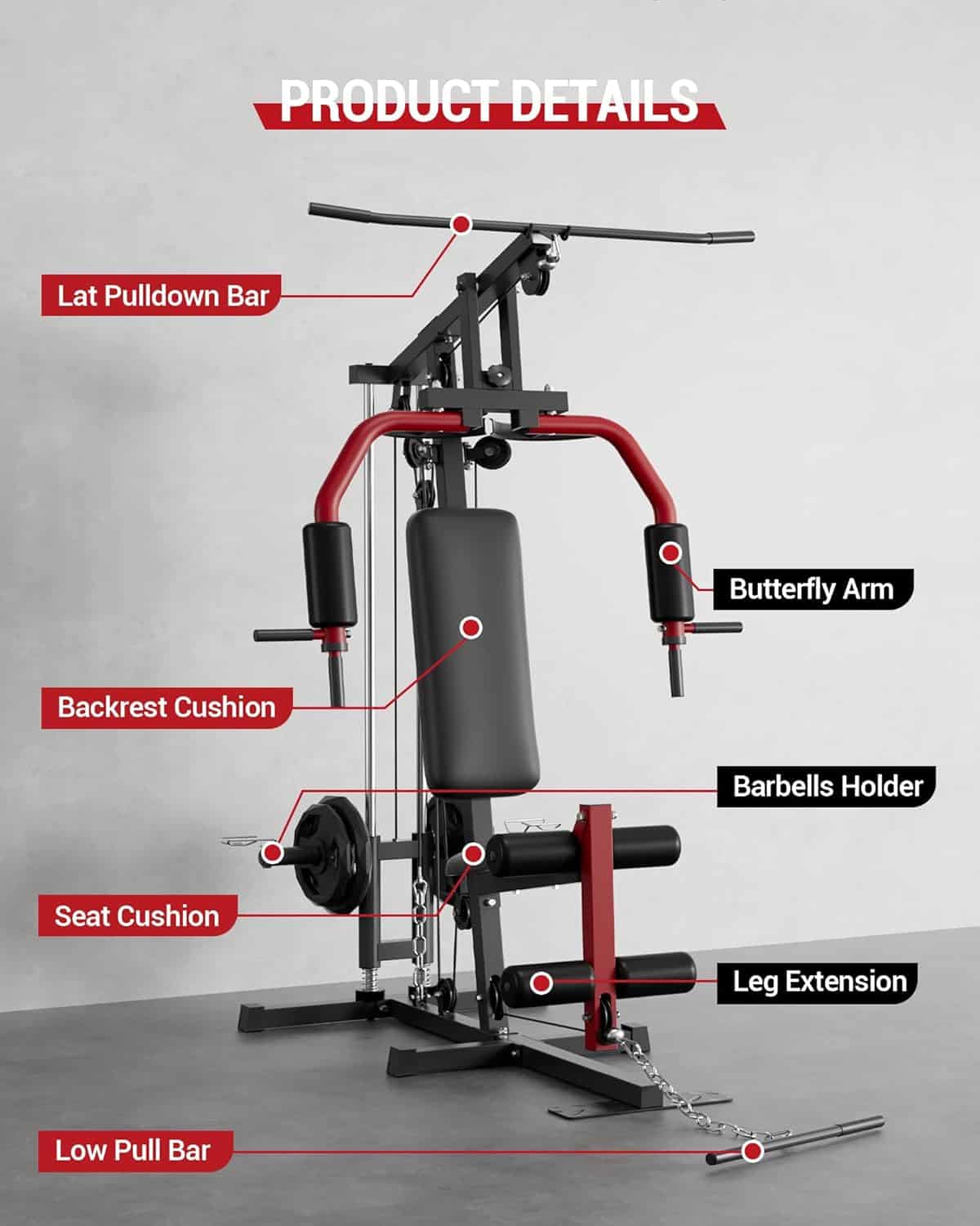 Gym machine with labeled parts on a gray background