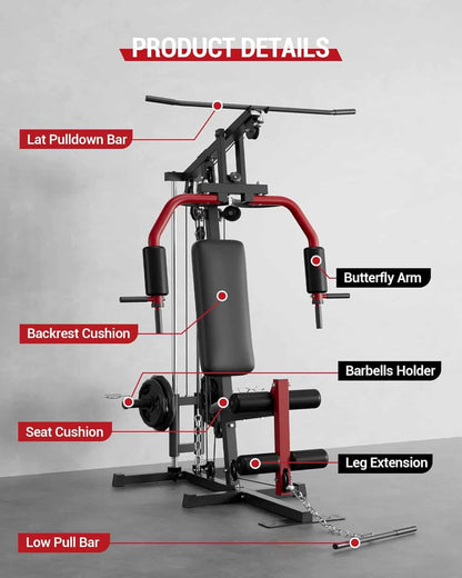 Gym machine with labeled parts on a gray background