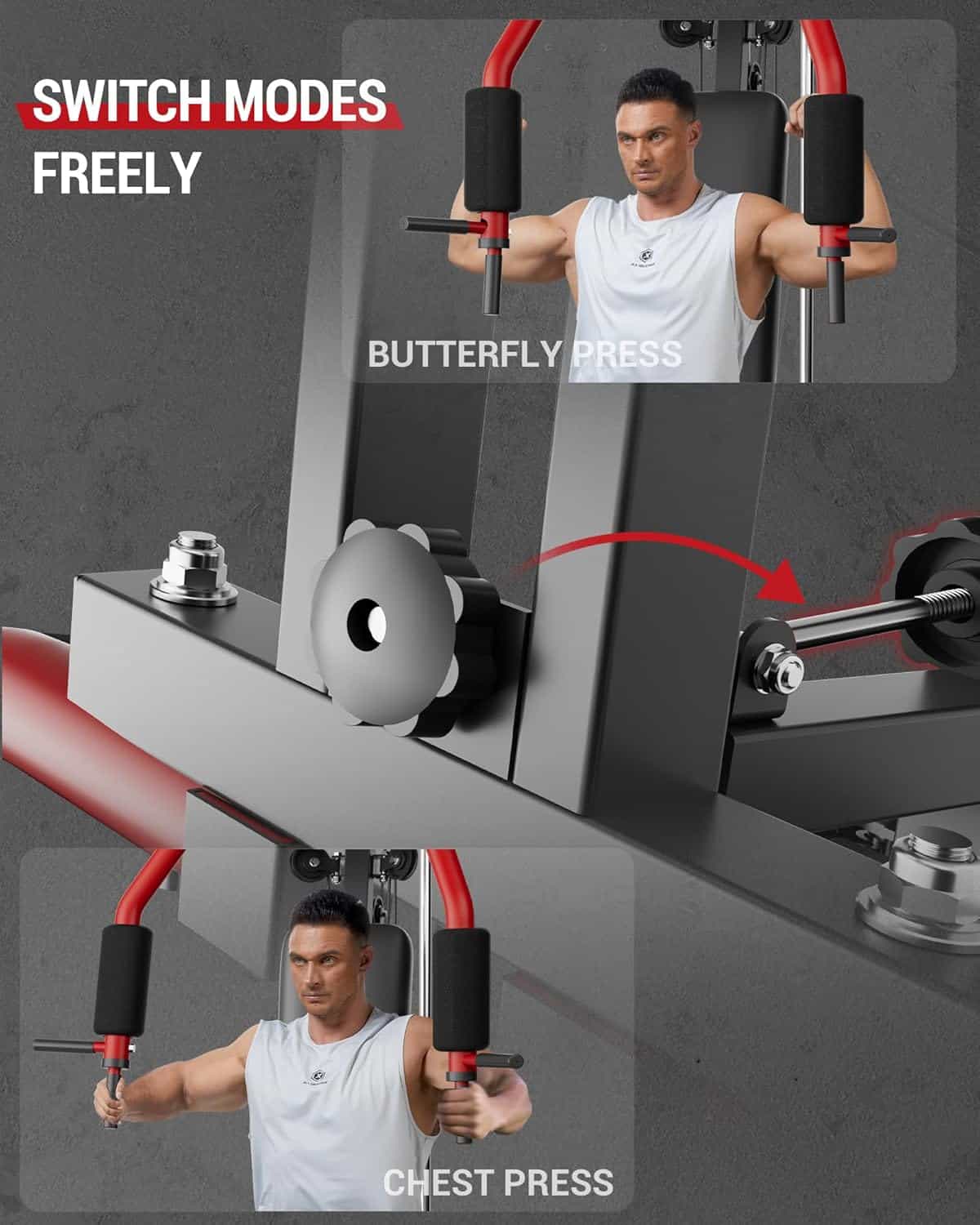 Gym machine with butterfly press and chest press functions, featuring a man using it.