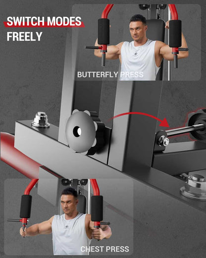 Gym machine with butterfly press and chest press functions, featuring a man using it.