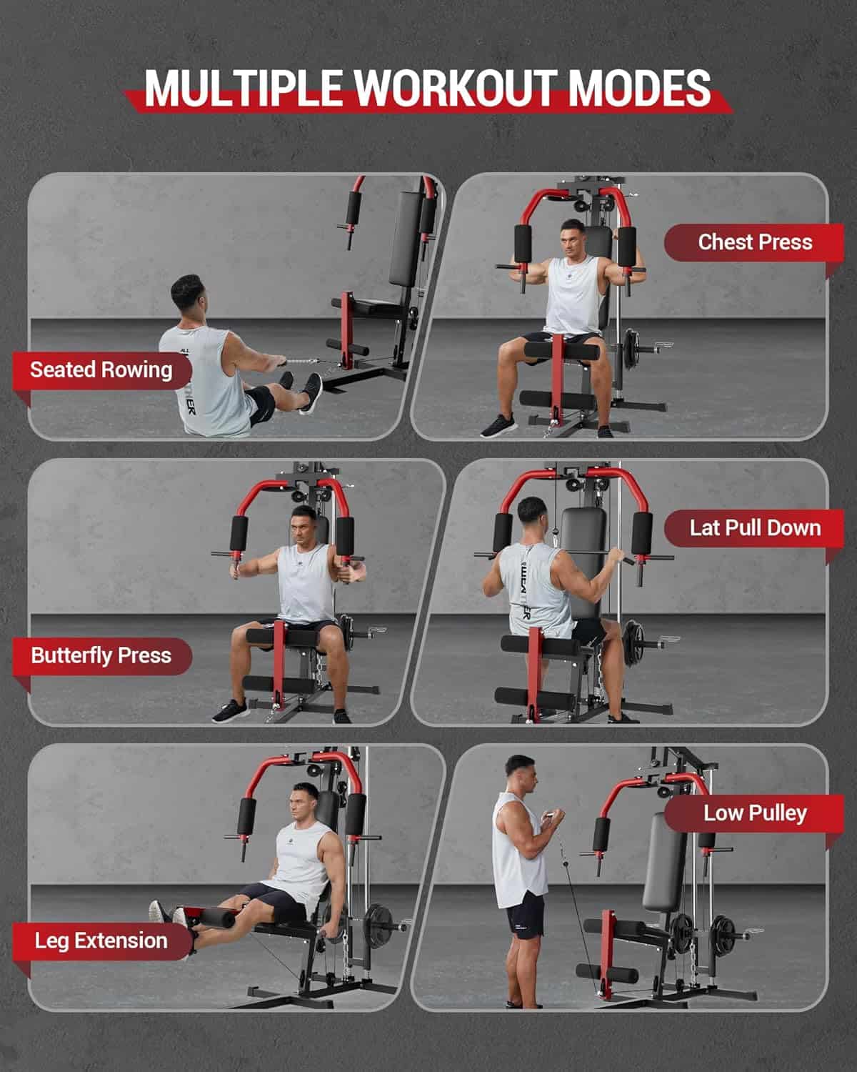 Multifunctional gym machine with various workout modes demonstrated by a person.