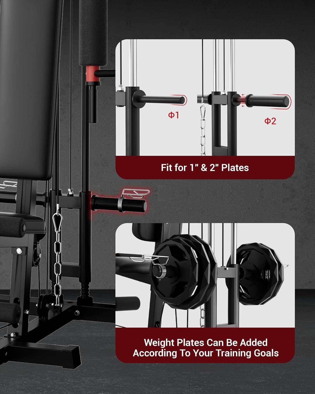 Gym weight rack with weight plates on a dark background