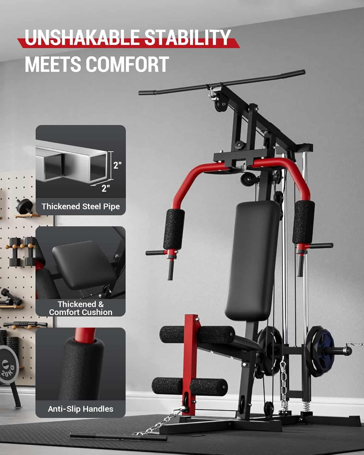 Gym workout bench with highlighted features on a gray background