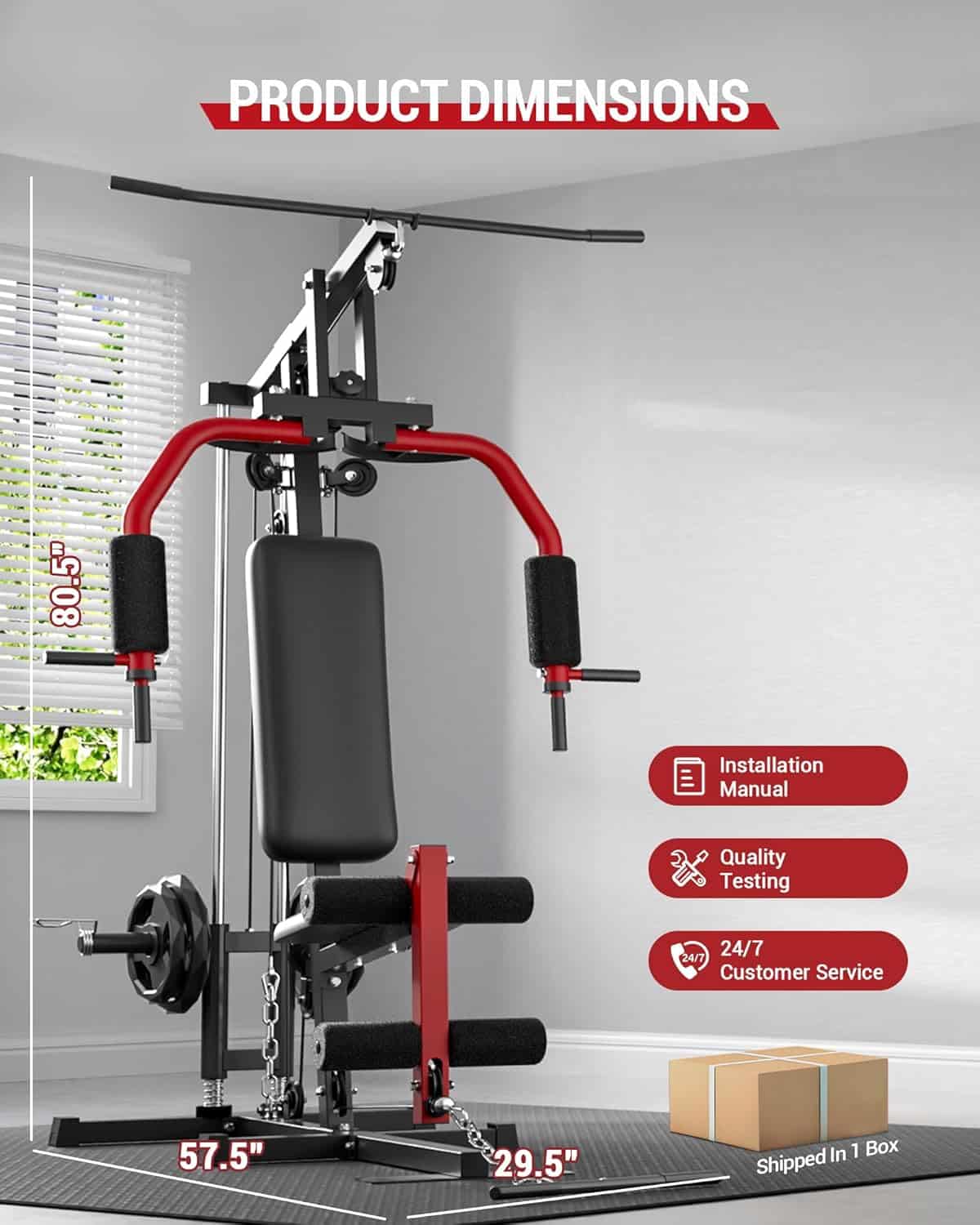 Gym machine with dimensions and features displayed on a gray background