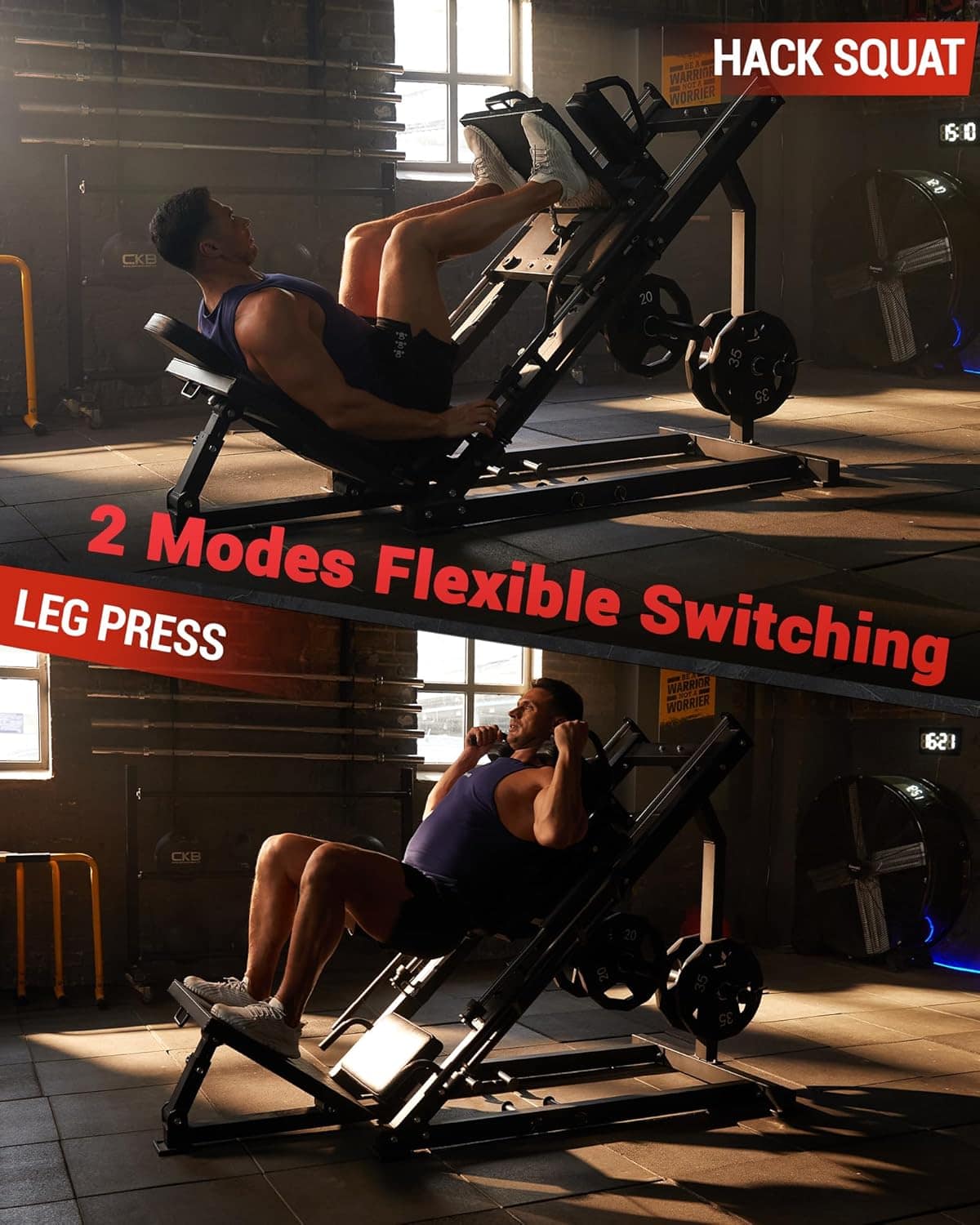 Person using a leg press machine with promotional text about modes and switching.